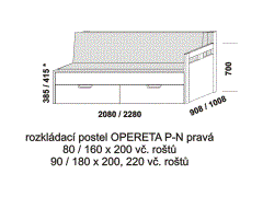 Rozkládací postel Opereta P-N pravá z masivu - složená. Rozměrový nákres. Do postelí lze použít systém matrací sedák a opěrák nebo 3-dílnou matraci.