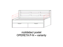 Rozkládací postel Opereta P-N – varianty. Do postelí lze použít systém matrací sedák a opěrák nebo 3dílnou matraci.