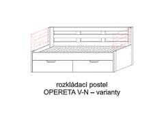 Rozkládací postel Opereta V-N – varianty. Do postelí lze použít systém matrací sedák a opěrák nebo 3dílnou matraci.