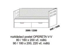 Rozkládací postel Opereta V-V z masivu - složená. Rozměrový nákres. Do postelí lze použít systém matrací sedák a opěrák nebo 3-dílnou matraci.