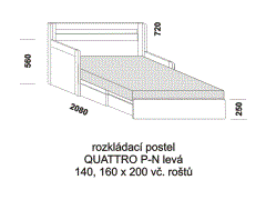 Rozkládací postel Quattro P-N levá - rozložená. Rozměrový nákres. Provedení: LTD. Do postelí lze použít 4-dílnou matraci. Česká výroba.