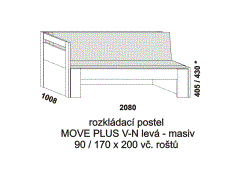 Rozkládací postel Move Plus V-N levá z masivu - složená. Rozměrový nákres. Do postelí lze použít systém matrací sedák a opěrák nebo 3-dílnou matraci.