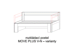 Rozkládací postel Move Plus V-N – varianty. Do postelí lze použít systém matrací sedák a opěrák nebo 3dílnou matraci.