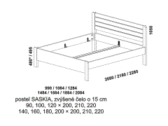 Postel Saskia z masivu – rozměrový nákres. Čelo zvýšené o 15 cm. Provedení: masivní buk, dub. Více barevných odstínů. Kvalitní česká postel.