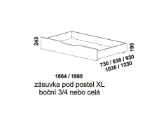 Zásuvka pod postel Soňa XL z masivu - rozměrový nákres. Provedení: masivní buk, dub. Praktický úložný prostor. Česká výroba.