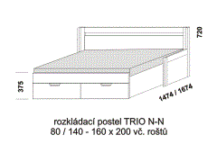 Rozkládací postel Trio N-N - rozložená. Šíře 80 cm. Rozměrový nákres. Provedení: LTD. Do postelí lze použít systém matrací sedák a opěrák nebo 3-dílnou matraci.