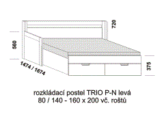 Rozkládací postel Trio P-N levá - rozložená, lamino. Šíře 80 cm. Rozměrový nákres. Do postelí lze použít systém matrací sedák a opěrák nebo 3-dílnou matraci.