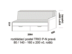 Rozkládací postel Trio P-N pravá - složená, lamino. Šíře 80 cm. Rozměrový nákres. Do postelí lze použít systém matrací sedák a opěrák nebo 3-dílnou matraci.