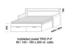 Rozkládací postel Trio P-P - rozložená. Šíře 80 cm. Rozměrový nákres. Provedení: LTD. Do postelí lze použít systém matrací sedák a opěrák nebo 3-dílnou matraci.