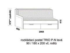 Rozkládací postel Trio P-N levá - složená, lamino. Šíře 90 cm. Rozměrový nákres. Do postelí lze použít systém matrací sedák a opěrák nebo 3-dílnou matraci.