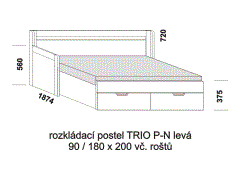 Rozkládací postel Trio P-N levá - rozložená, lamino. Šíře 90 cm. Rozměrový nákres. Do postelí lze použít systém matrací sedák a opěrák nebo 3-dílnou matraci.