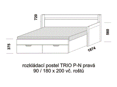 Rozkládací postel Trio P-N pravá - rozložená, lamino. Šíře 90 cm. Rozměrový nákres. Do postelí lze použít systém matrací sedák a opěrák nebo 3-dílnou matraci.