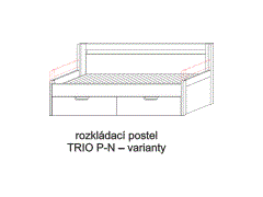 Rozkládací postel Trio P-N – varianty. Do postelí lze použít systém matrací sedák a opěrák nebo 3dílnou matraci.