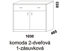 Komoda Yvetta 2-dveřová 1-zásuvková - rozměrový nákres. Provedení: masivní buk, dub. Více barevných odstínů. Vysoká kvalita.
