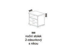 Noční stolek Yvetta dvouzásuvkový s nikou - rozměrový nákres. Provedení: masivní buk, dub. Široká nabídka barevných odstínů. Česká výroba.