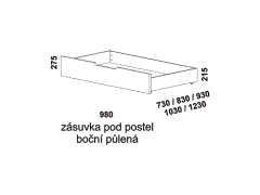 Zásuvka pod postel Yvetta z masivu, půlená - rozměrový nákres. Provedení: masivní buk, dub. Praktický úložný prostor. Česká výroba.