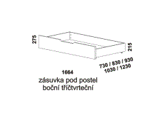 Zásuvka pod postel Yvetta z masivu, tříčtvrteční - rozměrový nákres. Provedení: masivní buk, dub. Praktický úložný prostor. Česká výroba.