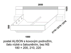 Postel Alison z masivu, s kovovým podnožím – rozměrový nákres. Čelo nízké s čalouněním. Bez nočních stolků. Provedení: buk, dub. Český kvalitní výrobek.