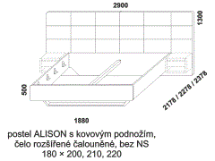 Postel Alison z masivu, s kovovým podnožím – rozměrový nákres. Čelo rozšířené čalouněné. Bez nočních stolků. Provedení: buk, dub. Český kvalitní výrobek.