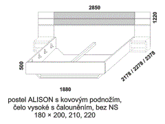 Postel Alison z masivu, s kovovým podnožím – rozměrový nákres. Čelo vysoké s čalouněním. Bez nočních stolků. Provedení: buk, dub. Český kvalitní výrobek.