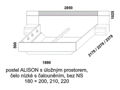 Postel Alison z masivu, s úložným prostorem – rozměrový nákres. Čelo nízké s čalouněním. Bez nočních stolků. Provedení: buk, dub. Český kvalitní výrobek.