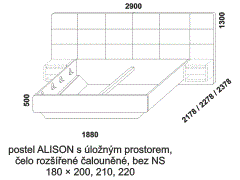 Postel Alison z masivu, s úložným prostorem – rozměrový nákres. Čelo rozšířené čalouněné. Bez nočních stolků. Provedení: buk, dub. Český kvalitní výrobek.