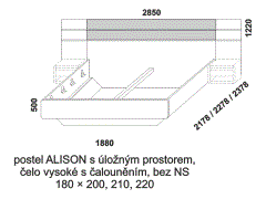 Postel Alison z masivu, s úložným prostorem – rozměrový nákres. Čelo vysoké s čalouněním. Bez nočních stolků. Provedení: buk, dub. Český kvalitní výrobek.