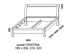 Postel Cristina z masivu – rozměrový nákres. Výrazné tvarové zaoblení nohou postele. Provedení: masivní buk. Více barevných odstínů. Český výrobek.