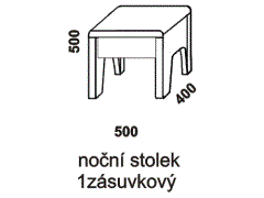 Noční stolek 1zásuvkový – rozměrový nákres. Zásuvka je opatřena kvalitními pojezdy PUSH systém s plnovýsuvy a tlumeným dojezdem. Masivní provedení.