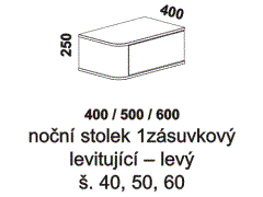 Noční stolek Karen 1zásuvkový, levitující – rozměrový nákres. Varianta levá – vlevo od postele. Více barevných odstínů. Bezúchytkový systém.