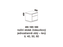 Noční stolek Karen 2zásuvkový, jednostranně oblý – rozměrový nákres. Varianta levá – vlevo od postele. Více barevných odstínů. Bezúchytkový systém.