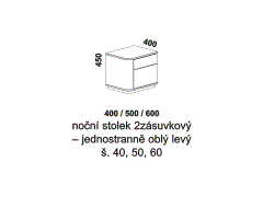 Noční stolek Visby 2zásuvkový, jednostranně oblý – rozměrový nákres. Varianta levá – vlevo od postele. Více barevných odstínů. Bezúchytkový systém.