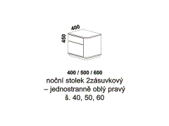 Noční stolek Visby 2zásuvkový, jednostranně oblý – rozměrový nákres. Varianta pravá – vpravo od postele. Více barevných odstínů. Bezúchytkový systém.