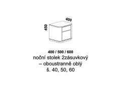Noční stolek Visby 2zásuvkový, oboustranně oblý – rozměrový nákres. Více barevných odstínů. Bezúchytkový systém. Kvalitní výrobek.