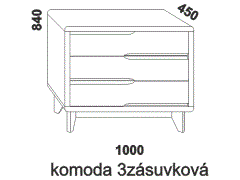 Komoda Tosca 3zásuvková – rozměrový nákres. Provedení: masivní buk. Více barevných odstínů. Kvalitní zpracování. Česká výroba.