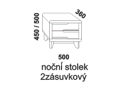 Noční stolek Tosca dvouzásuvkový z masivu. Rozměrový nákres. Provedení: masivní buk. Kvalitní konstrukce. Český výrobek.