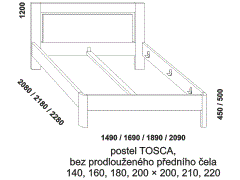 Postel Tosca z masivu – rozměrový nákres. Bez prodlouženého předního čela. Kvalitní postel. Povrchová úprava: olej nebo lak. Více barevných odstínů.