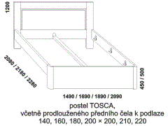 Postel Tosca z masivu – rozměrový nákres. Včetně prodlouženého předního čela. Kvalitní postel. Povrchová úprava: olej nebo lak. Více barevných odstínů.
