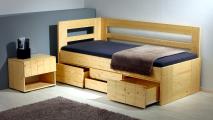HANNY II. postel 90×200 cm, zásuvkový modul, noční stolek – masivní smrk, lak přírodní.