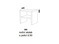 Noční stolek Notaxo s policí - rozměrový nákres. Noční stolek je 50cm široký. Kvalitní výrobek. Provedení LTD. Více barevných dezénů. 